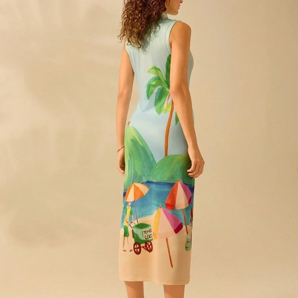 Multicolor Boho Women's Tropical Beach Print Sleeveless Split Hem Midi Dress